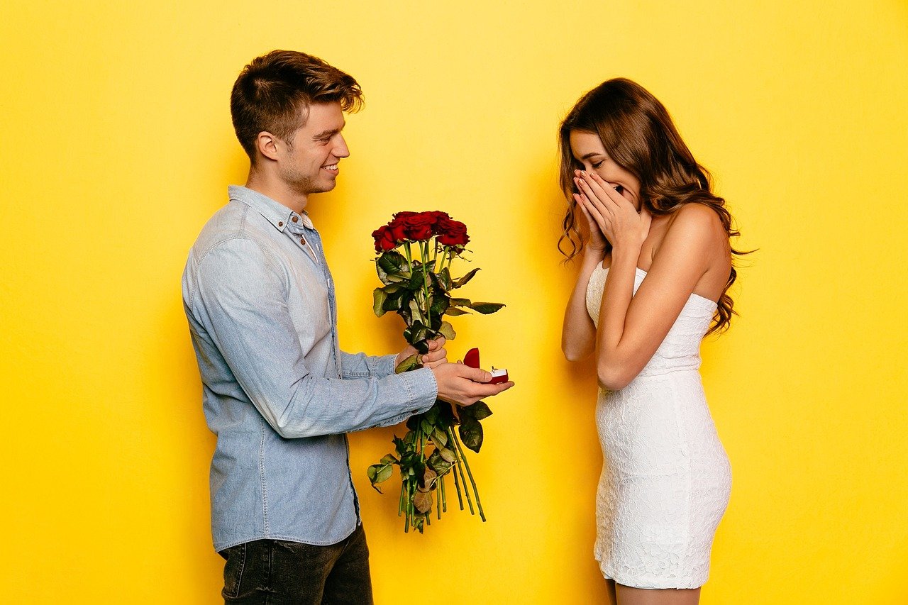 man, valentines day, woman, make proposal, ring, love, red roses, wondered, surprise, handsome, couple, gift, girlfriend, happy, together, beautiful, romantic, cheerful, marriage, relationship, smile, attractive, young, yellow background, celebration, valentines day, valentines day, woman, woman, love, surprise, surprise, surprise, surprise, surprise, couple, couple, girlfriend, girlfriend, girlfriend, girlfriend, girlfriend, happy